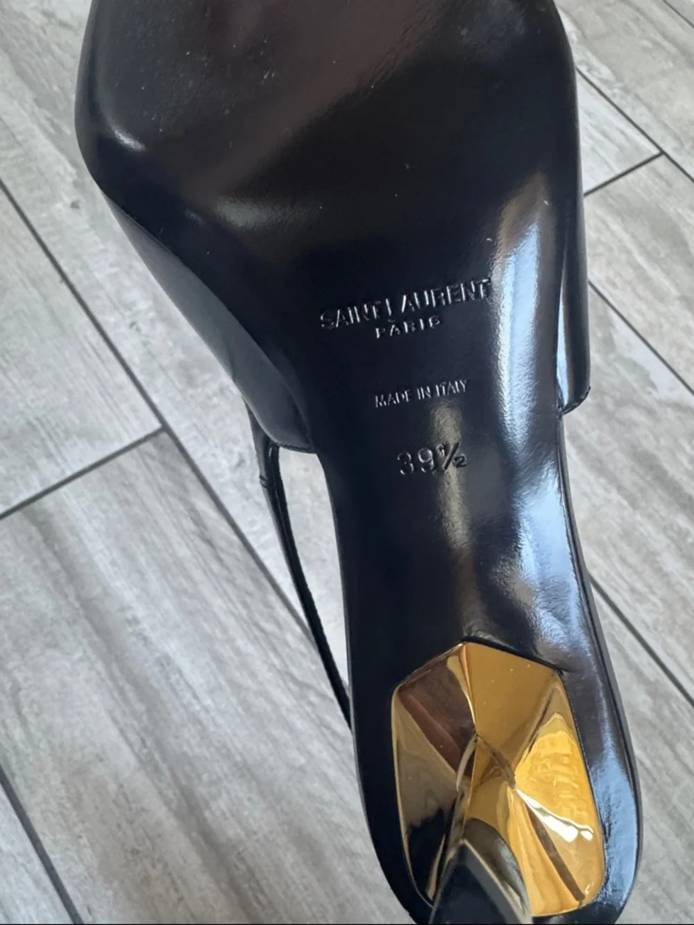 Saint Laurent Lee Black Pointed Slingback Heels with Gold Accent - Picture 3 of 7